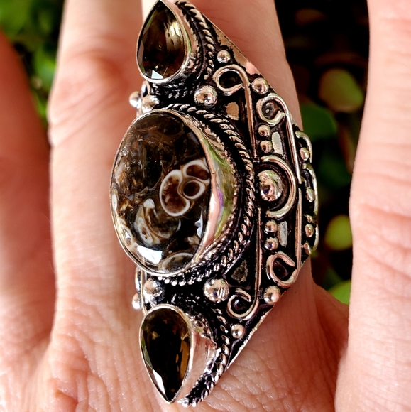 New Turtella Agate Fossil & Smoky Quartz 925 Silver Statement Ring. - Picture 9 of 13